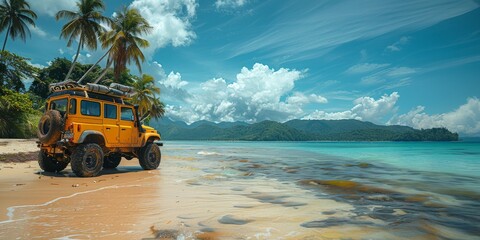 A yellow jeep is parked on the sandy beach close to the sea shore