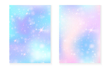 Unicorn background with kawaii magic gradient. Princess rainbow hologram. Holographic fairy set. Mystical fantasy cover. Unicorn background with sparkles and stars for cute girl party invitation.