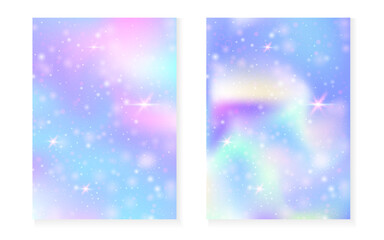 Unicorn background with kawaii magic gradient. Princess rainbow hologram. Holographic fairy set. Fluorescent fantasy cover. Unicorn background with sparkles and stars for cute girl party invitation.