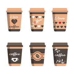 Vector set of disposable paper cups for coffee