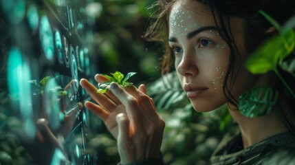 A woman with black hair is happily holding a plant while gazing out of a window
