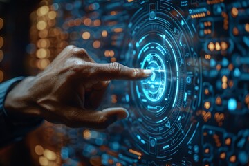 In the scene, an individual is operating a control on an advanced interface