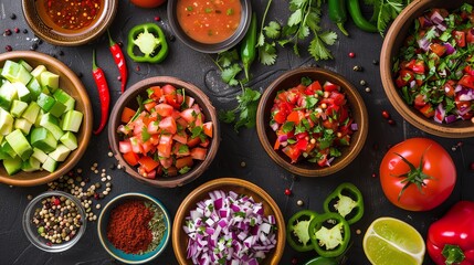 Top view of various fresh ingredients for making salsa. There are tomatoes, onions, peppers, cilantro, and spices.