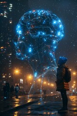 Person faces glowing head made of twinkling lights in scene