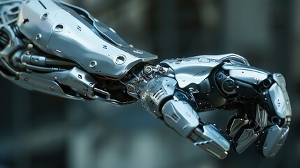 Fototapeta premium The image is a close-up of a robotic hand. The hand is made of metal and has a shiny surface.