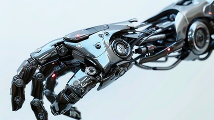 Fototapeta premium The image is a 3D rendering of a robotic hand. The hand is made of metal and has a black and silver color scheme.