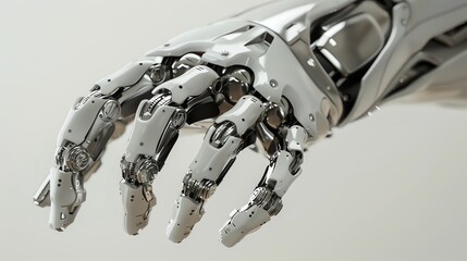 The image is a 3D rendering of a robotic hand. The hand is made of white metal and has intricate details.