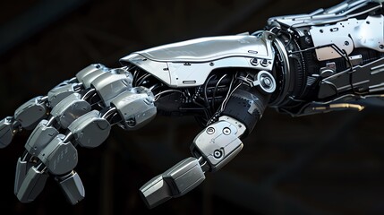 The image is of a robotic hand. It is made of metal and has a silver finish. The hand is open and the fingers are spread out.