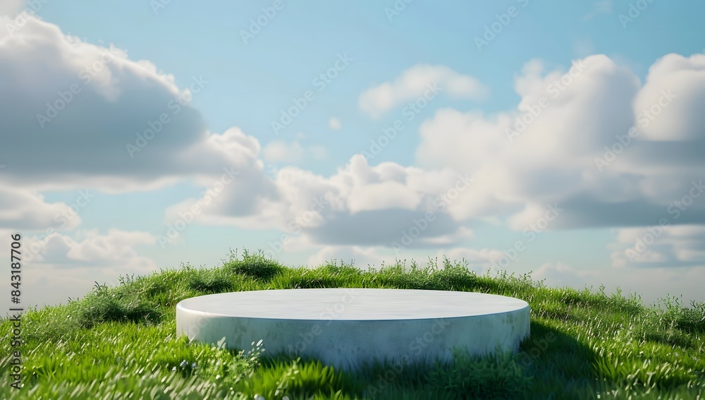 Wall mural green podium with grass on a blue background