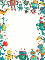 Fototapeta premium Colorful Cartoon Robots and Dinosaurs Frame on White Background 