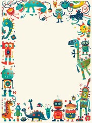 Colorful Cartoon Robots and Dinosaurs Frame on White Background
