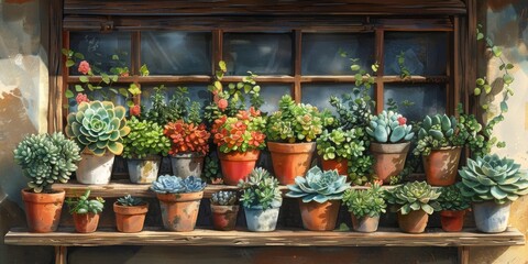 A depiction of potted plants resting on a window ledge