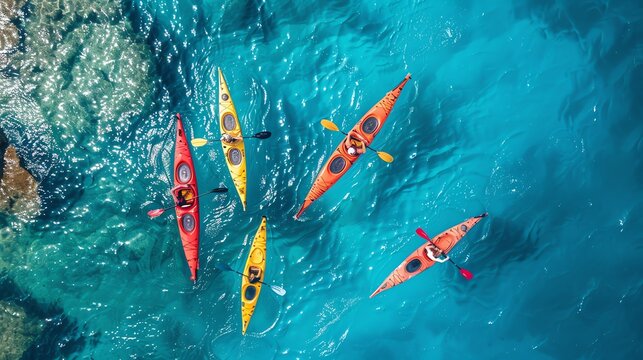 Top view of people kayaking in the clear blue ocean water. - Powered by Adobe