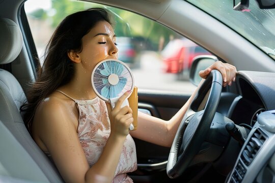 Sharp focus captures the woman's frustration as she sweats in her car.
