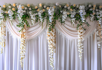 Décoration murale de mariage avec voilage blanc et fleurs