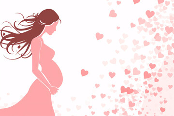 silhouette of a pregnant woman in pink surrounded by heart shapes creating a loving and tender atmosphere