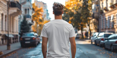 White T-Shirt Mockup On Man Walking Down Street. Generative AI