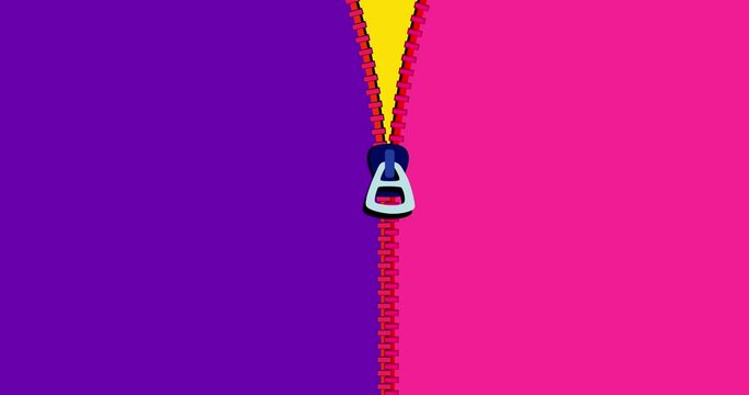 Zipper transition wipe vertical pink violet isolated background. Cartoon animation preset good for any use. Motion design multi color element. Business, art, education, science, fashion, etc...