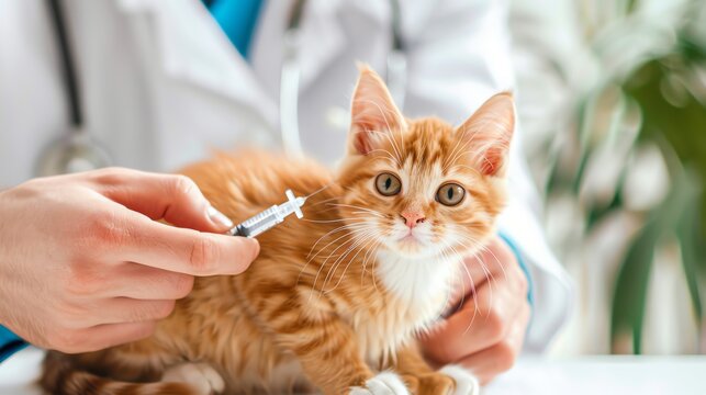 Close-up of a veterinarian giving a ginger kitten a vaccination. The kitten is held gently by the vet while the injection is administered.