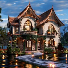  Sharp focus on the exterior of a detailed and realistic home.