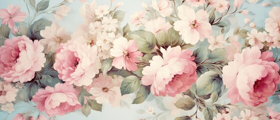 Vintage floral wallpaper, pastel roses and leaves, shabby chic style