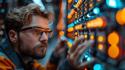 A man sporting eyewear is engaged in server maintenance at a data center