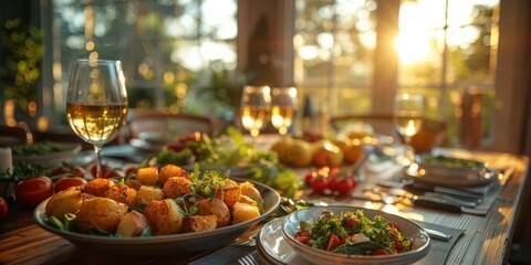 Stylish dinner table with fresh food and drinks, creating a lively and welcoming atmosphere