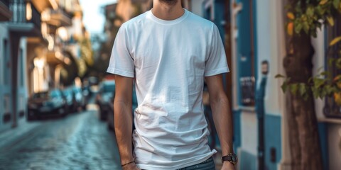 White T-Shirt Mockup in City Street. Generative AI