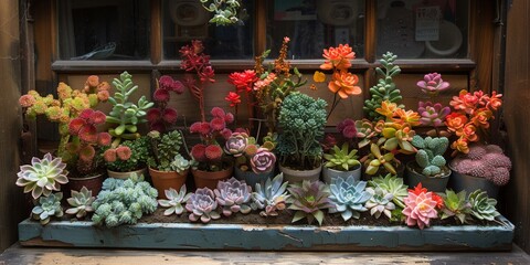 A window sill adorned with an array of potted succulents and blooming flowers