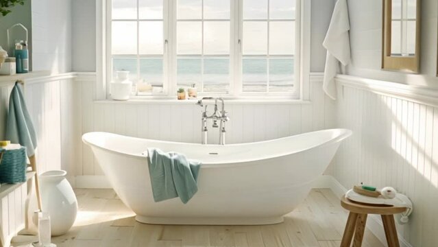 White cottage bathroom decor, interior design and home decor, bathtub and bathroom furniture, English coastal country house style