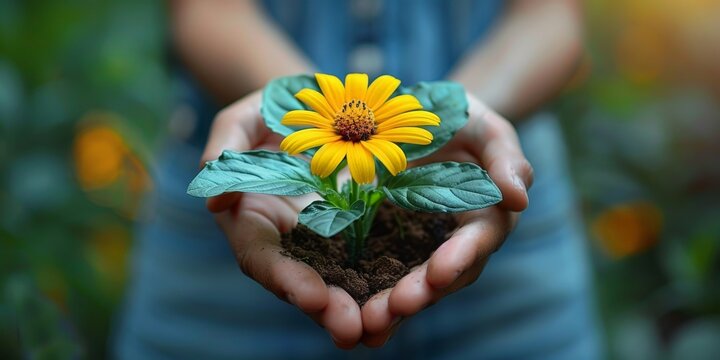 In their hands, a person is holding a small yellow flower outdoors in nature