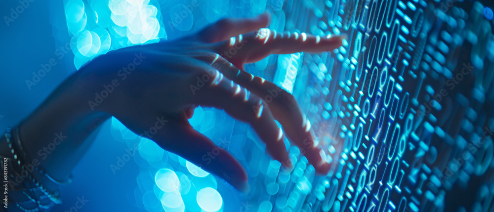 Wall mural hand of a woman in a cyberspace environment surrounded by binary code in her hand - concept of the f