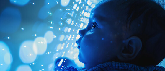 baby in a cyberspace environment with binary code on her face - concept of the future with artificial intelligence