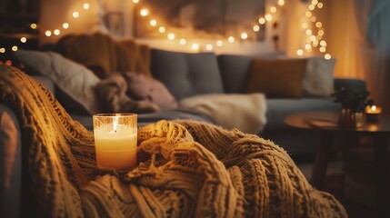 A cozy living room with a soft, knitted blanket and a burning candle on the foreground. The background is blurry with a warm glow of lights.