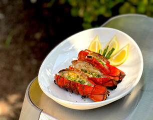 Grilled Lobster Tails with Garlic Lemon Butter Sauce Topped with Green Onions. Closeup Pictures During Preparation and Grilling. Summer Seafood Barbecue  