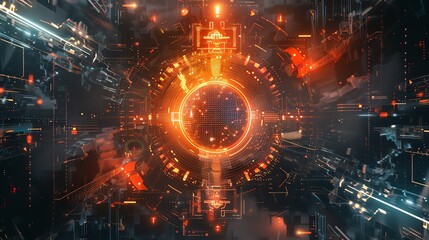 Obraz premium 3D rendering of a futuristic spaceship cockpit. The ship is surrounded by a glowing orange energy field.