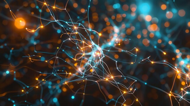 Glowing orange and blue plexus. Abstract technology and science background. Big data and neural networks concept. 3D rendering.
