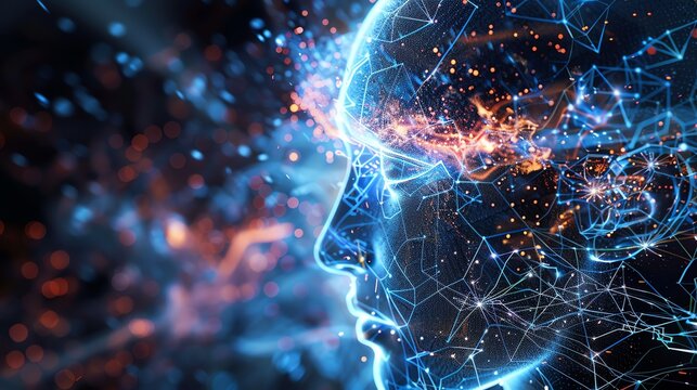 Glowing blue and orange neural network. Futuristic artificial intelligence concept.