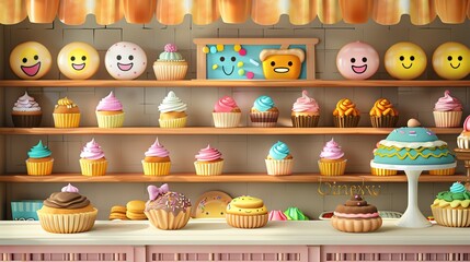 A close-up image of a bakery display case filled with a variety of colorful cupcakes, cookies, and other pastries.