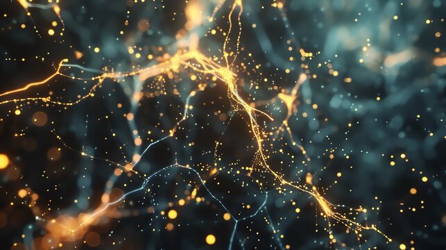 Glowing orange and blue particles form an abstract network.