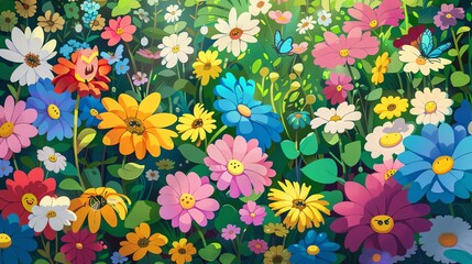 A beautiful field of flowers in full bloom. The flowers are of all different colors, and they are all smiling.