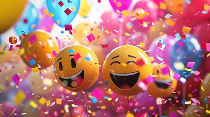 3D rendering of two happy face emoji balloons with confetti. The background is a blurred image of a party with balloons and confetti.