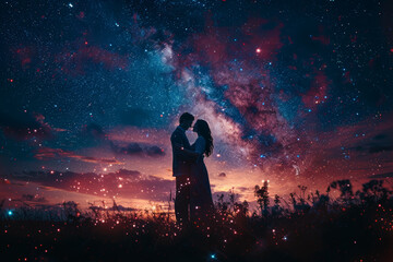 A couple embracing under a starlit sky. Concept of romantic moments and connection. Generative Ai.
