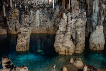 underground Cenote Choj Ha. Cave with stalactites and stalagmites. Valladolid, Mexico