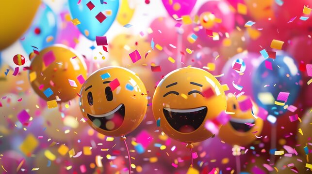 3D rendering of two happy face emoji balloons with confetti. The background is a blurred image of a party with balloons and confetti. - Powered by Adobe