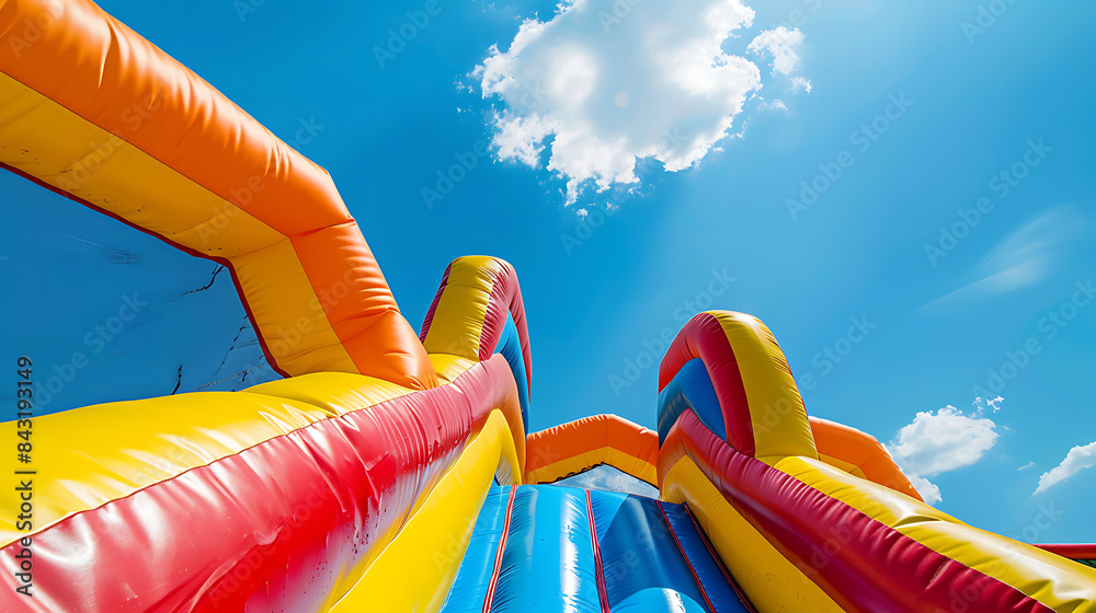 Wall mural a colorful inflatable bounce house set against a clear blue sky with a few clouds. The bounce house includes vibrant colors like yellow, orange, red, and blue