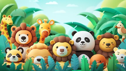 Cute cartoon animals in the jungle. This image shows a group of adorable wild animals in a lush green jungle setting.