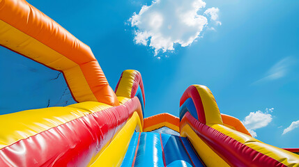 a colorful inflatable bounce house set against a clear blue sky with a few clouds. The bounce house includes vibrant colors like yellow, orange, red, and blue