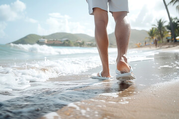 A man in flip flops walks along a sandy beach on a sunny summer day. The waves are crashing behind him
