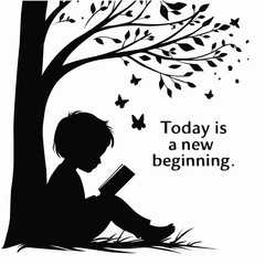 Black and white silhouette of a child reading in a book under a leafy tree with butterflies